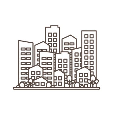 Şehir manzarası. Şehir modern binaları, konut alanları, şehir evleri. Siyah tasarım beyaz arkaplanda izole edildi. Vektör