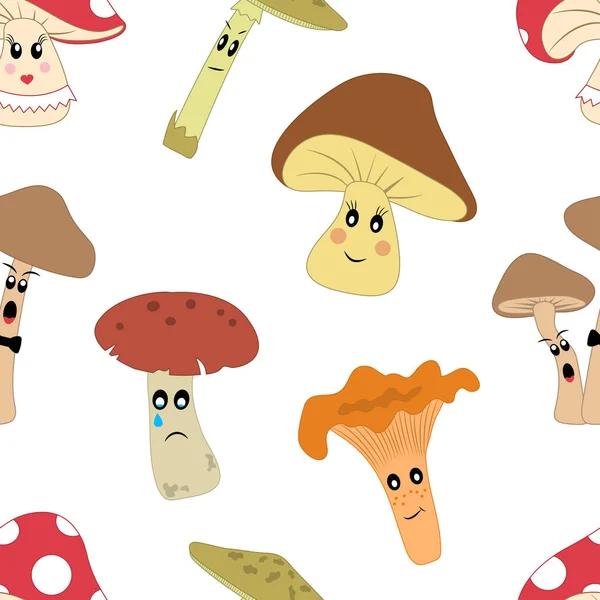 Carino modello senza soluzione di continuità con funghi dei cartoni animati con diverse emozioni su sfondo bianco. Vettore — Vettoriale Stock