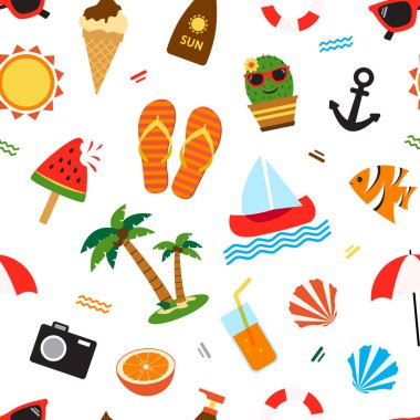 Yaz pürüzsüz desen, farklı mevsimler beyaz arka planda izole edilmiş nesneler. Vektör illüstrasyonu