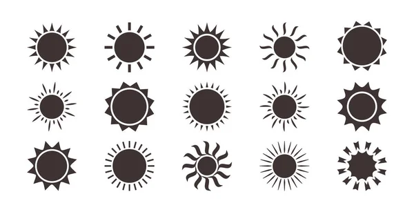 太阳图标 黑色的轮廓 不同的形状孤立在白色的背景 病媒收集 — 图库矢量图片