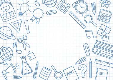 Okul malzemelerini kareli not defterine çerçevelet. Mesajın için yer aç. Mavi çizgi sanatı. Vektör illüstrasyonu