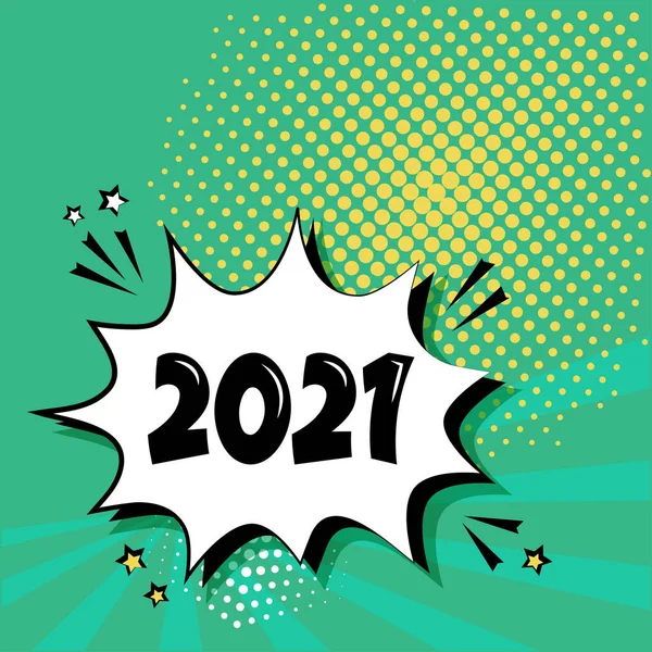 2021 Nyår Serietidning Bubbla Grön Bakgrund Comic Ljudeffekt Stjärnor Och — Stock vektor