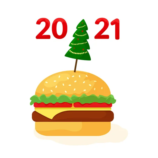 2021ファーストフード クリスマスツリーとチーズバーガー 正月の祝日のバナー ベクターイラスト — ストックベクタ