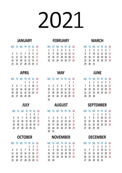 Yearly Calendar 2021 Week Starts Monday Vector Illustration Royalty Free Stock Vectors