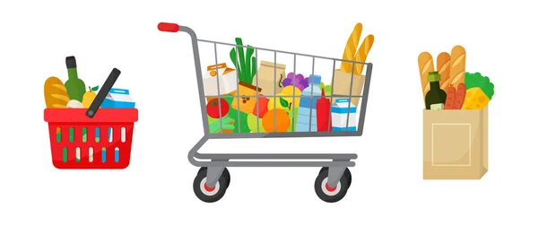 食料品の購入セット ショッピングバスケットやトロリー 製品と紙のパッケージ 食べ物や飲み物 野菜や果物 ベクターイラスト — ストックベクタ