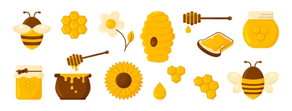 蜂蜜图标集 六边形 吐司和花 有机食品的设计概念孤立于白色背景 矢量说明 — 图库矢量图片