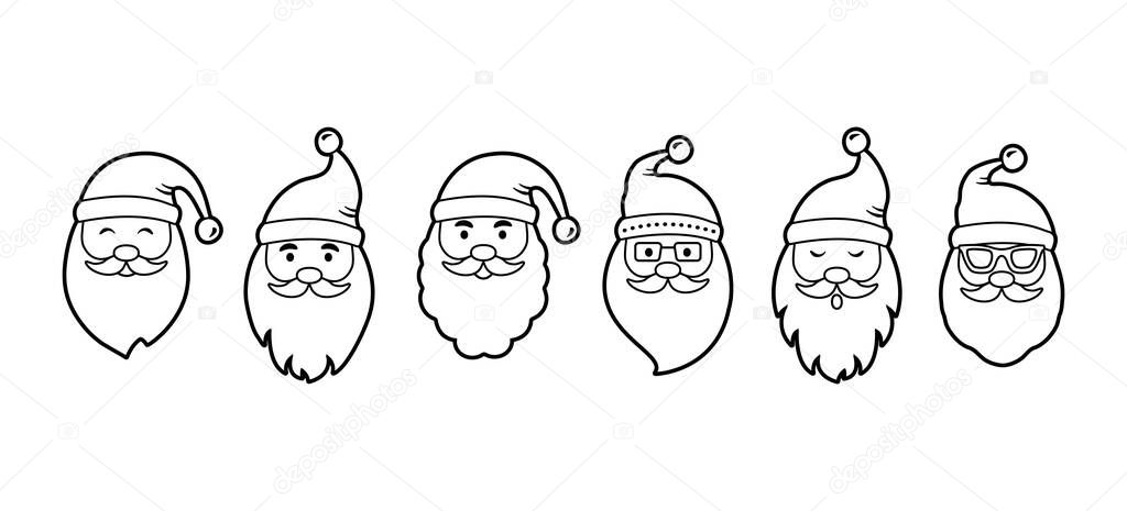 Christmas Santa Claus line face vector icons, cute cartoon character, Santa hat, New Year collection, holiday winter illustration