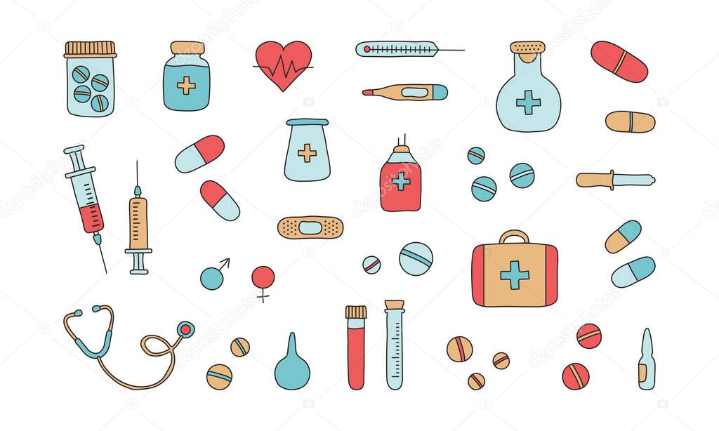 Medicine tool vector icons. First aid kit, syringe and stethoscope, vial of medicine, pills, thermometers, medical plaster, pipette. Mobile medicine, medical research. Hand drawn illustration