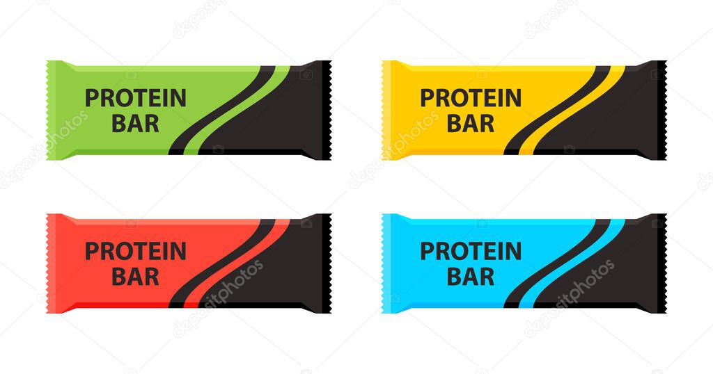 Protein bars with different flavors. Sport and fitness supplements. Vector illustration