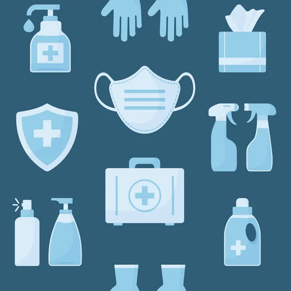 Médecine Motif Sans Couture Objets Bleus Sur Fond Sombre Désinfectant — Image vectorielle