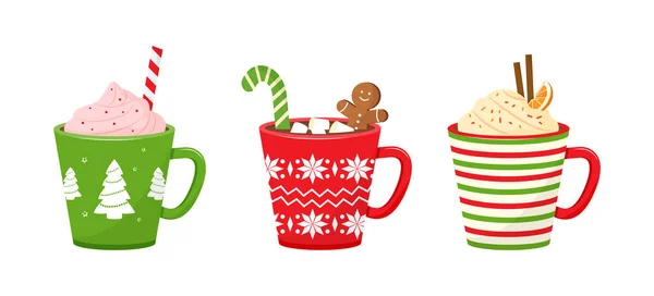 음료와 크리스마스 초콜릿 코코아 크림을 곁들인 홀리데이 머그잔 사탕수수 마시멜로 — 스톡 벡터