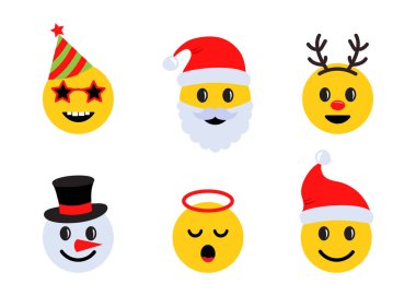 Noel simgeleri, bayram gülümsemeleri farklı duyguları olan simgeler. Vektör illüstrasyonu