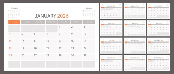 Takvim planlayıcısı 2026, takvim ay takvimi, Amerikan organizatör şablonu. Hafta pazar günü başlıyor. Kişisel iş sayfası. ABD için modern basit süt ürünleri. Vektör illüstrasyonu