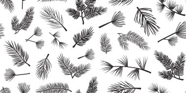 Çam dalsız desen, kış köknar silueti arka plan. Noel iğnesi ladin ağacı, Holly yaprağı sedir ağacı. Siyah tatil bitkisi baskısı. Soyut retro sonsuz yeşil filiz Xmas bg. Orman vektör illüstrasyonu