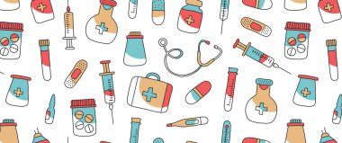 Tıbbî karalama kusursuz desen, tıbbi parmak izi. Modern el yapımı ilk yardım çantası, şırınga, steteskop, şişe, haplar, beyaz arka planda aşı. Sağlık sigortası basit bg. Vektör illüstrasyonu