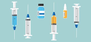 Şırınga ve şişe ikonu, iğne enjeksiyonu ve tıbbi şişe. İlaç, aşı dozu, antibiyotik iğnesi. Sıvı ampul, tıbbi tedavi, mavi arka planda sağlık seti. Çizgi film vektör illüstrasyonu