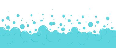 Su köpüğü arka plan, çizgi film sabunu deseni. Soda ya da deniz, banyo ve yıkanma, şampuan ya da su altı sınırı. Havalandırma ya da çamaşır banyosu. Soyut mavi köpük köpüğü çerçevesi. Duş sıçraması. Temiz vektör illüstrasyonu