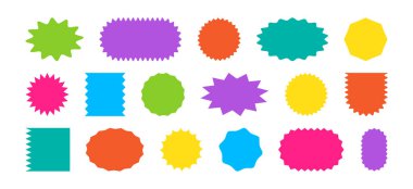 Şekil etiketi simgesi, yıldız patlaması etiketi. Çember balon ve oval rozet. Retro fiyat etiketi, indirimli afiş, indirimli pul, beyaz arkaplanda izole edilmiş boş renk kuponu. Basit vektör illüstrasyonu