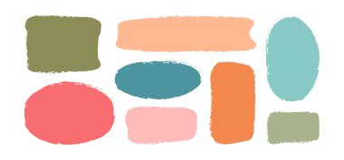 Metin kutusu boya kalemi düzensiz, çerçeve fırçası boyası, kaba sınır karalaması. Grunge lekesi çocuksu, yuvarlak renkli tebeşir seti, beyaz bg üzerinde izole edilmiş pastel el çizim ikonu. Çizgi film çizim vektör çizimi