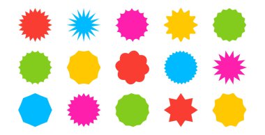 Shape Star etiket simgesi, güneş patlaması etiketi. Çember renkli baloncuk rozeti. Retro fiyat etiketi, indirimli afiş, indirimli pul, soyut boş kupon seti beyaz bg. Basit vektör illüstrasyonu