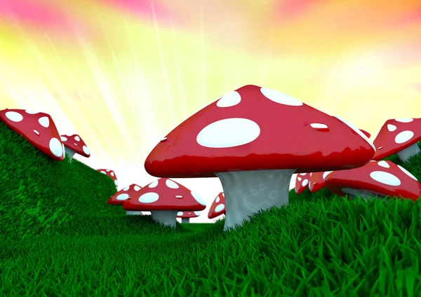 Render Dari Toadstools Padang Rumput Saat Matahari Terbenam — Stok Foto