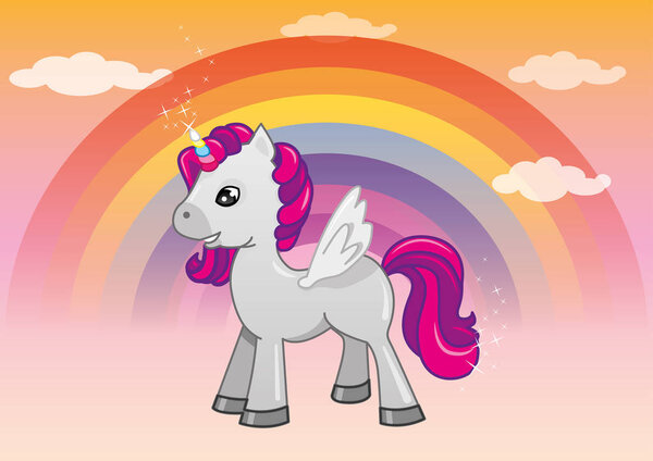 Unicorn in the sky with rainbow and clouds Stock Photo
