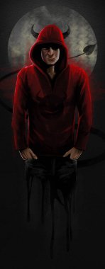 Kırmızı kapüşonlu Devilish adam