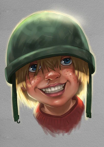 Anak kecil yang bahagia dengan helm tentara. — Stok Foto