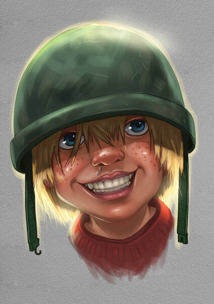 Happy little boy in an army helmet — Stock Photo, Image