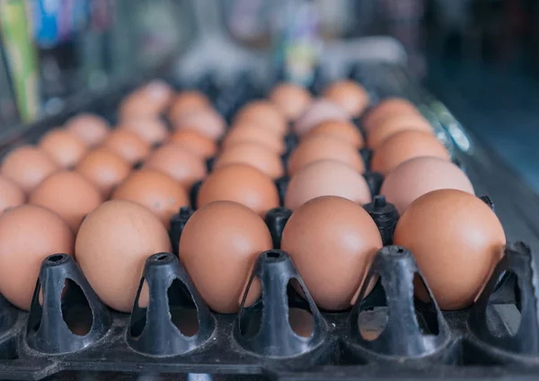 Eggs in plastic tray.