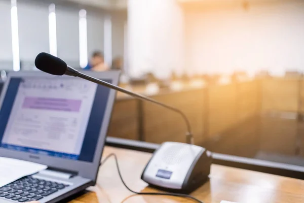 Microphone over the blurred business forum or Conference Training Learning Room Concept, Blurred background