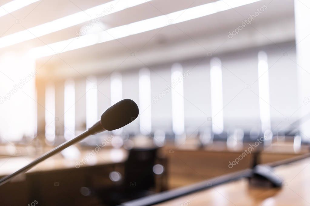 Microphone over the blurred business forum or Conference Training Learning Room Concept, Blurred background