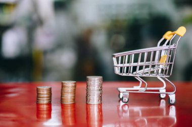 Bozuk para yığınları, para, alışveriş tasarrufu ve yatırım ya da aile planlaması içeren alışveriş arabası.