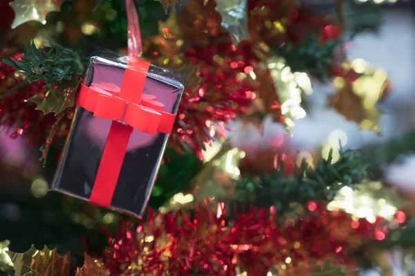 Gift Boxes Decorated Christmas Tree Blurred Background — Stock Photo, Image