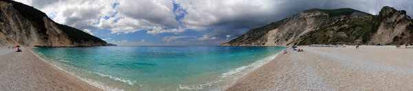 Beautiful Myrtos beach with clear turquoise water on a sunny day in the Ionian Sea on the island of Kefalonia in Greece