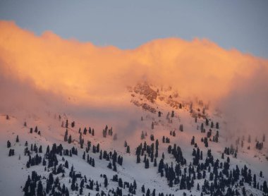 Dağlar ve güneşli bir bulutlar Evia Adası (Euboea) Ege Denizi'nde arka plan üzerinde kar ile orman