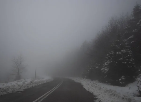 Route Montagne Brouillard Nuages Neige Dans Forêt Dans Les Montagnes — Photo