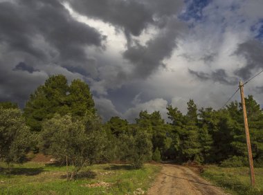 Orman ve dağlar EVIA, Yunanistan Yunan Adası üzerinde bir güneşli kış gününde siyah fırtına bulutları