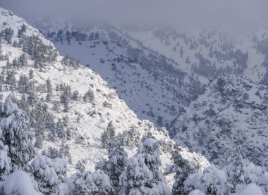 Kar panoramik dağ Dirfys ve bulutlu gökyüzü güneşli bir günde Adası, EVIA üzerinde Yunanistan kaplı