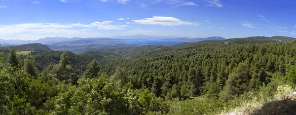 从上面可以看到希腊埃维亚岛的森林和蛇形 在阳光明媚的日子里 在地平线上有大海和云朵 — 图库照片