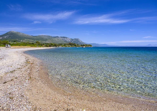 Beautiful sea of the Greek spa resort of Loutra Edipsou on the island of Evia (Euboea), Greece on a sunny day in the Aegean Sea