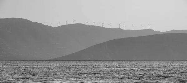 Turbinas Eólicas Atardecer Mar Egeo Grecia — Foto de Stock