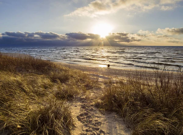 Kumlu plaj ve dunes Klaipeda, Litvanya Baltık Denizi'nin güzel gün batımı
