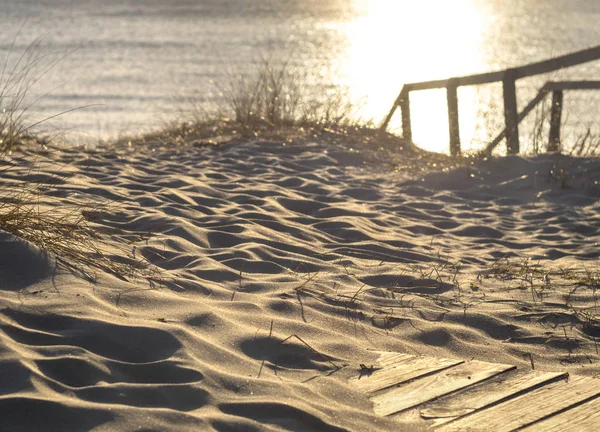 Una Strada Legno Tra Dune Che Conduce Mar Baltico Tramonto — Foto Stock