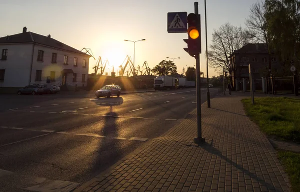 Придорожньої Ліхтарями Крани Портові Тлі Заходу Сонця Клайпеда Литва — стокове фото