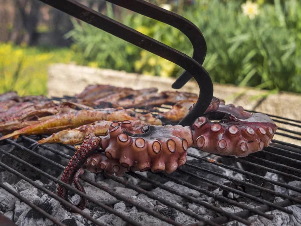 Octopus tentacles and fish with suction cups on grill closeup in Greek island