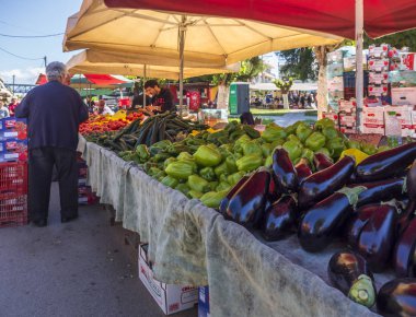 Nea Artaki, Evia island, Greece. May 2019: Greek village market on the island of Evia with fruits and vegetables on a Sunny day