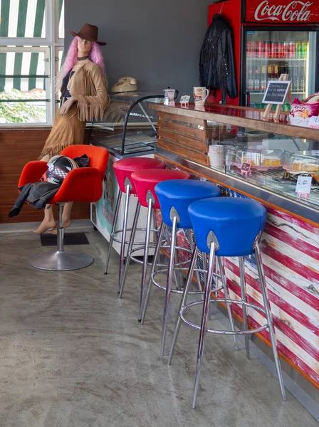 Greece June 2020 Counter American Flag Bar Stools Cowboy Mannequin — Stock Photo, Image