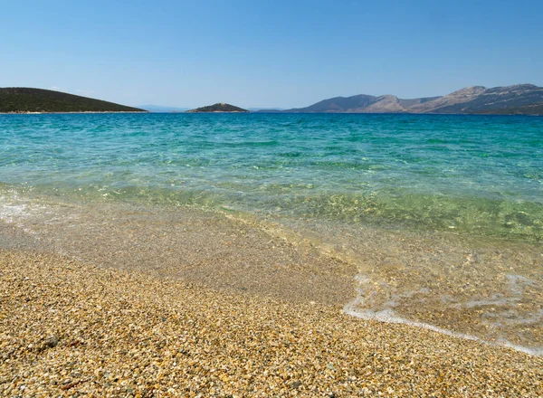 Utsikt Över Stor Sandstrand Egeiska Havet Nära Staden Marmari Den — Stockfoto