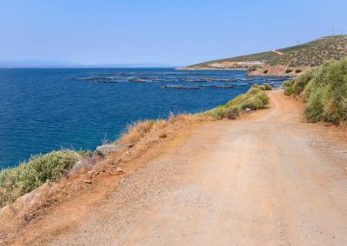Ege Denizi 'nin kayalıklarından ve Yunanistan' ın Evia adasında güneşli bir günde bir balık çiftliği manzarası